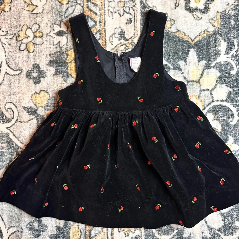 Vintage‎ OshKosh B'gosh Velvet Rosebud Dress 4T Black Embroidered Holiday Jumper